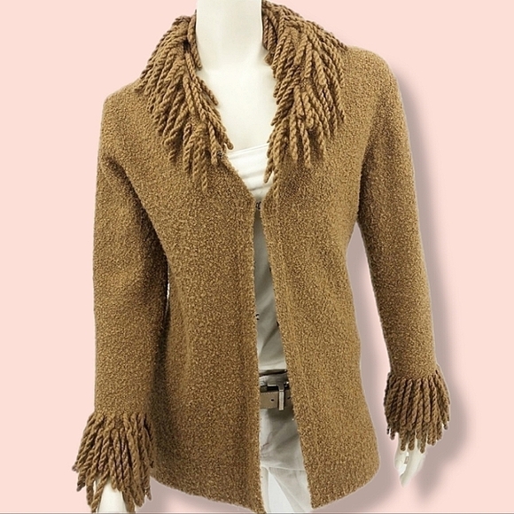 Lucidity Sweaters - Lucidity Women’s M Cardigan Sweater Tan Fringe Wool Blend Long Sleeve RN# 75343